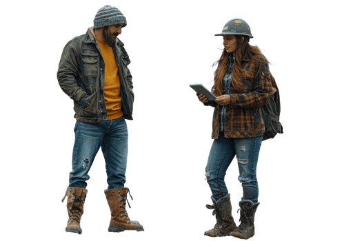 A man and a woman standing next to each other, looking at a tablet png