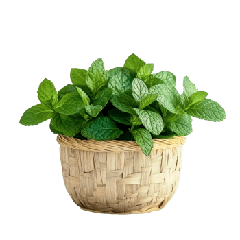 Fresh mint leaves in a woven basket against a clean transparent background for culinary uses and decoration, mint leaf in the basket on transparent background png
