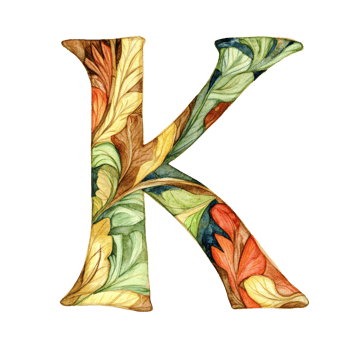 Creative representation of the consonant letter K adorned with colorful leaf patterns against a transparent backdrop for artistic expression, consonant letter k is used to make words on transparent png