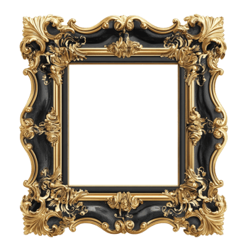 Elegant black and gold baroque photo frame isolated on transparent background for artistic displays, black gold baroque photo frame, isolated on transparent background,isolated transparent background png