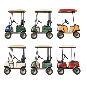 Colorful collection of golf carts arranged on a transparent background showcasing various styles and designs, Golf Carts on transparent background png