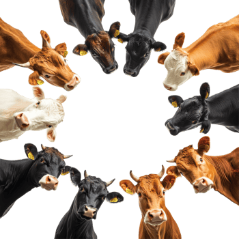A diverse group of cows in various colors gathered together against a transparent background, group of cows of different color isolated on transparent background, png
