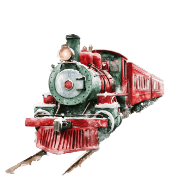 Colorful watercolor illustration of Santas vintage train traveling through a snowy landscape during the holiday season, Watercolor santas train illustration on transparent background png