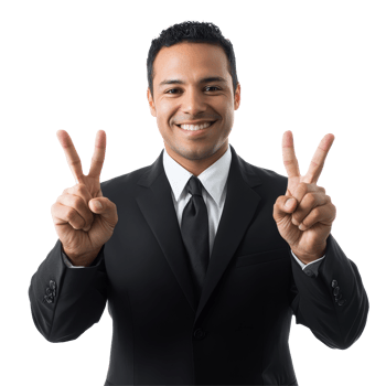 Successful businessman smiling and making victory signs in a professional suit against a plain background, file no background Successful businessman making V signs png