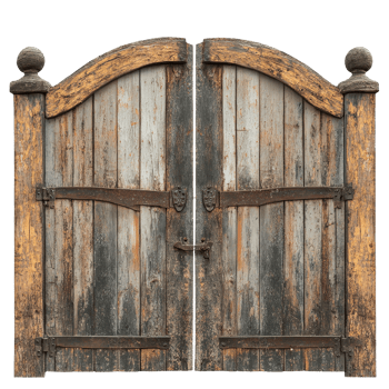 Distressed wooden gates with curved tops stand out against a backdrop of transparent in a tranquil outdoor setting, Distressed wooden gates with curved tops on a transparent background or transparent png