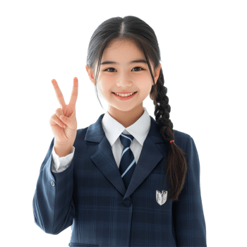 Happy Asian student girl in school uniform showing victory sign in bright classroom setting, Happy braces Asian student girl in school uniform arm crossed png