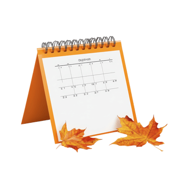 October calendar on table with autumn leaves isolated on transparent background for seasonal planning, table calendar 2023 october isolated on transparent background png