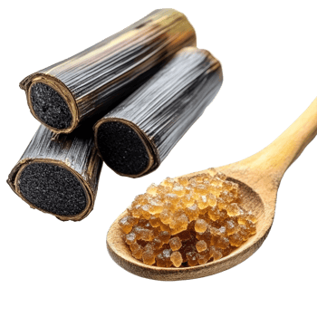 Delicious sugarcane hard molasses and jaggery served in a spoon with fresh sugarcane pieces in a kitchen setting, Sugarcane Hard Molasses or Jaggery and sugar in spoon on transparent background png