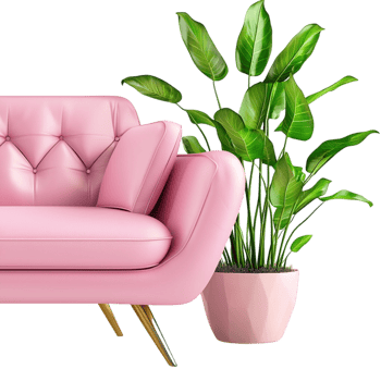 Modern Pink Armchair with Green Houseplant in Stylish Home Decor Setting png