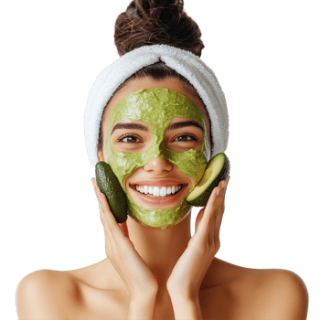 Happy woman enjoying skincare treatment in a bright studio during her beauty routine, Beauty Skincare and Happy Woman in Studio with Avocado Face Mask on transparent background png