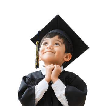 Joyful Asian graduate in cap and gown gazes upward, embodying hope, celebration, and achievement, Happy Asian school kid graduate in graduation cap thinking isolated transparent background png