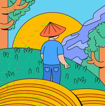 Farmer in the field at the sunset scene cartoon illustration vector