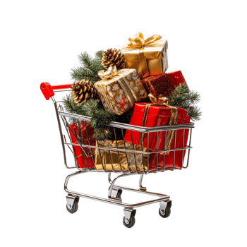 A shopping cart filled with festive Christmas gifts surrounded by holiday decorations on a transparent background, shopping cart full of christmas gifts isolated on transparent background png