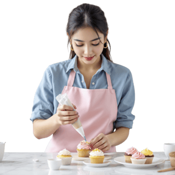 A woman in an apron is making cupcakes png