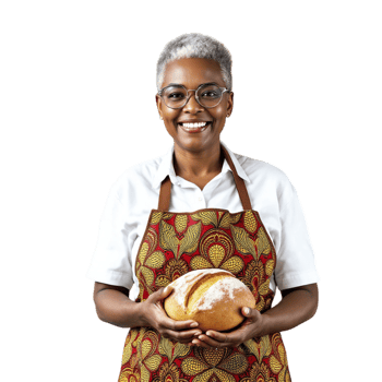 A woman in an apron holding a loaf of bread png