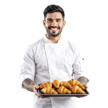 A male chef holding a tray with croissants png