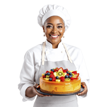 Chef holding a cheesecake with fruit on it png