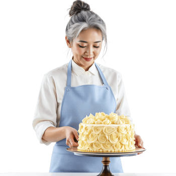 A woman in an apron is holding a large cake png