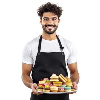 A man in an apron holding a tray with various pastries png