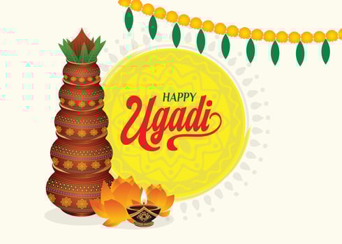 Happy Ugadi. festive greeting card featuring typography, Kalash, and traditional pachadi with all flavors, celebrating the Indian New Year festival Ugadi and Gudi Padwa. vector
