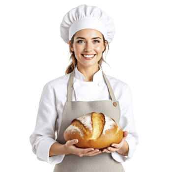A woman in a chef hat holding a loaf of bread png