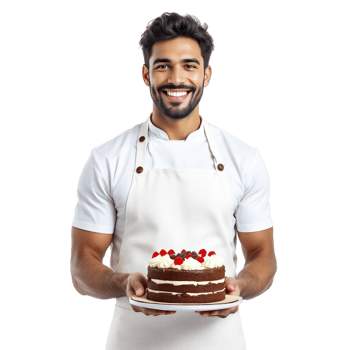 A male chef holding a cake with a cherry on top png
