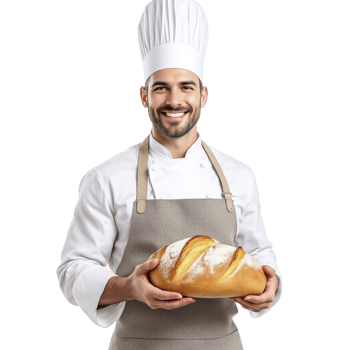 A male chef holding a loaf of bread png