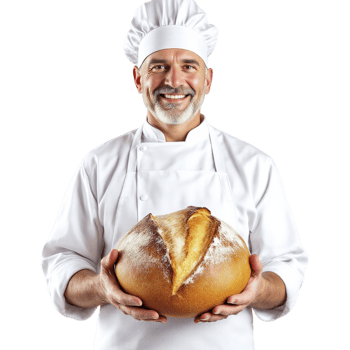 A man in a chef's hat holding a loaf of bread png