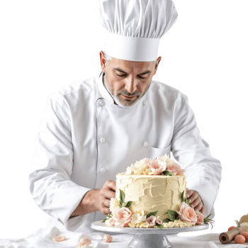 A man in a chef hat is decorating a cake png