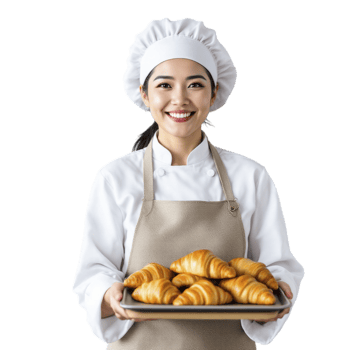 A woman in a chef hat holding a tray of croissants png
