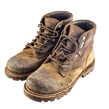 Rugged brown leather worker boots sitting on a rustic wooden surface after a hard days labor outdoors, old brown leather rugged worker boots shoes with mud and dust isolated on transparent background png