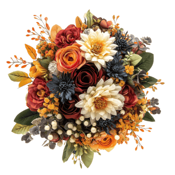 Autumn bridal bouquet featuring transparent flowers and rich fall colors for a seasonal wedding, bridal bouquet consists from autumn color flower, isolated transparent background png