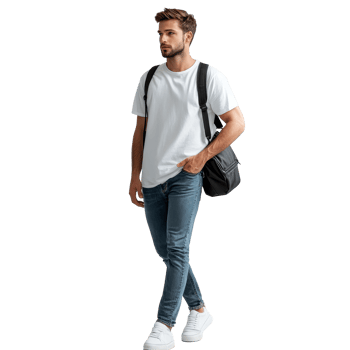 A stylish male model walks confidently in casual jeans and a black bag against a minimalist backdrop, walking male model in jeans with a black bag png