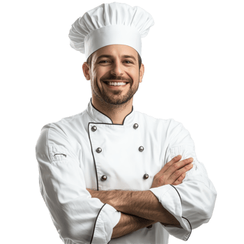 Friendly chef with a warm smile and crossed arms, showcasing culinary passion in a professional kitchen attire, chef portrait, friendly smiling arms crossed, transparent background png