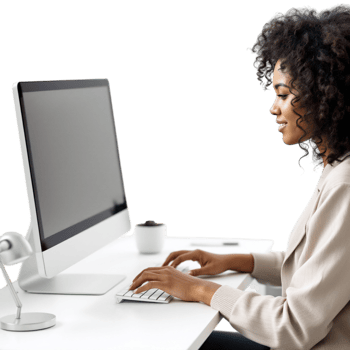 A woman is sitting at a desk with a computer png