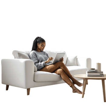 A woman sitting on a couch with a tablet png