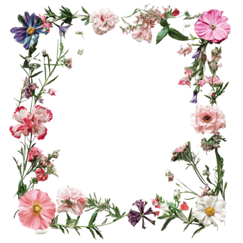 A vibrant floral frame adorned with colorful blossoms on a plain transparent background, Painting frame covered with flowers isolated on transparent background png