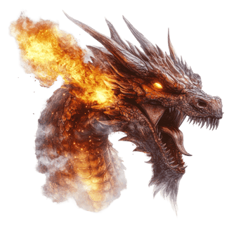 A fierce dragon head breathing fire in a display of power with vibrant accents amidst, Dragon Head Breathing Fire, Fantasy Creature with Fiery Breath, Isolated on transparent background png