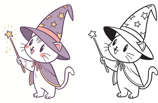 A kitten wearing a wizard hat, holding a magic wand. vector