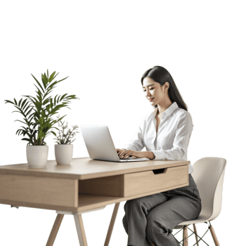 A woman sitting at a desk with a laptop png