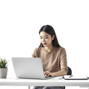 A woman sitting at a desk with a laptop png