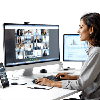 A woman is working on her computer while looking at a conference png