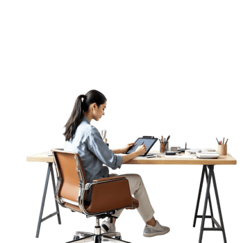 A woman sitting at a desk using a laptop png