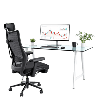 A computer desk with a monitor and chair png