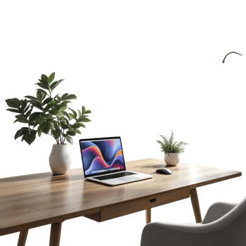 A laptop on a wooden desk with a plant png