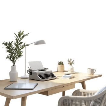 A desk with a typewriter, a laptop and a plant png