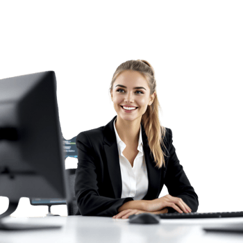 A woman in a business suit sitting at a desk png