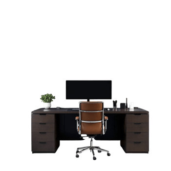 A desk with a chair and computer monitor png