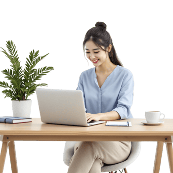 A woman sitting at a table with a laptop png