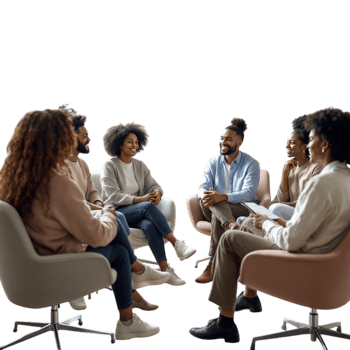 A group of people sitting in chairs talking png